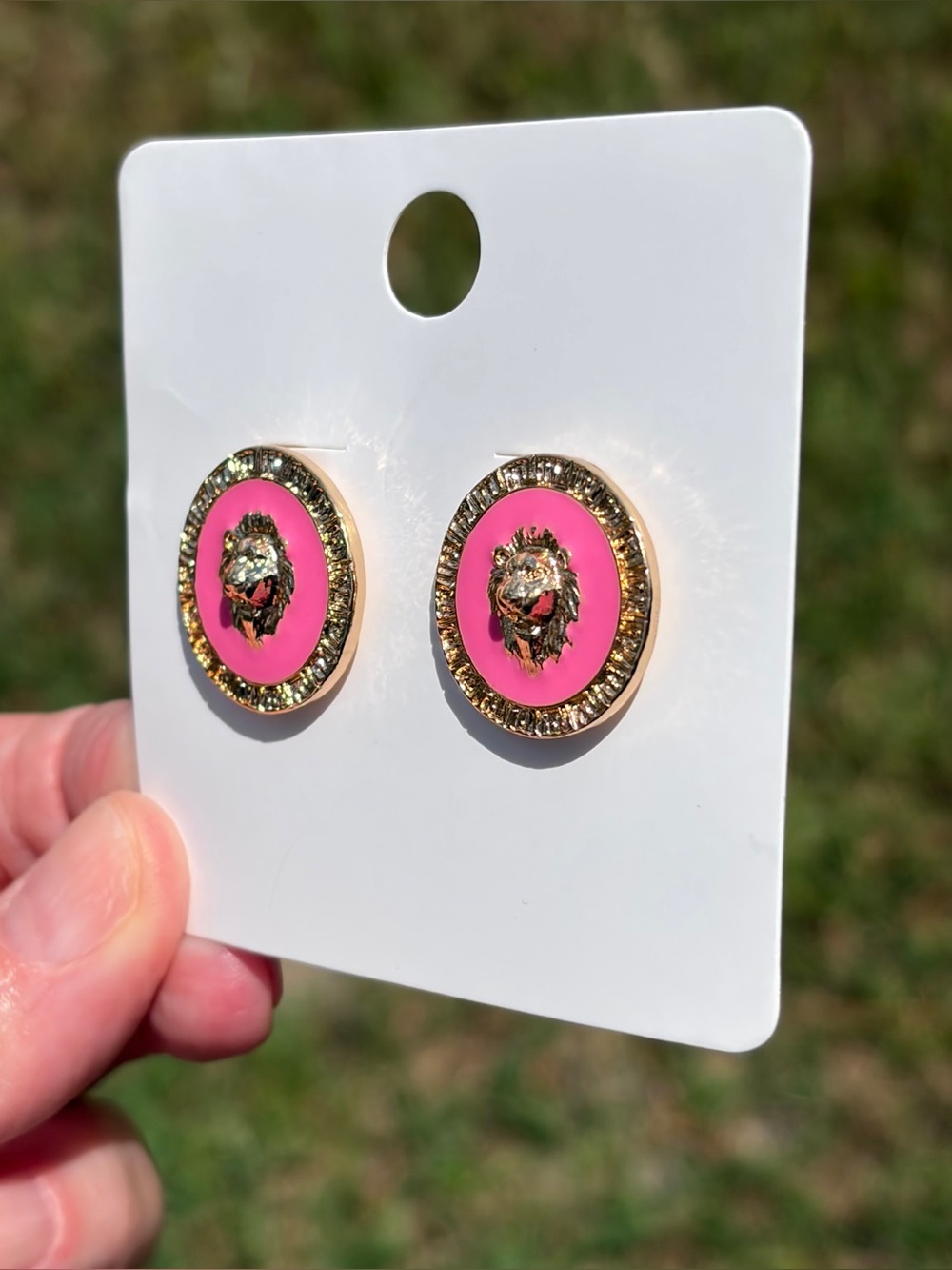 Gold Lion Head Pink Enamel Stud Earrings - Women Jewelry - Picture 2 of 6